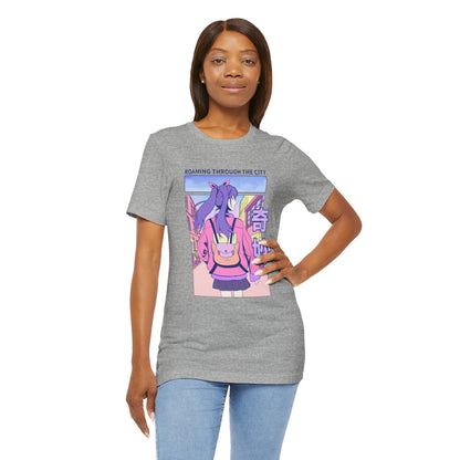 Roaming Through The City Anime Girl Tee — Vaporwave Cityscape Shirt