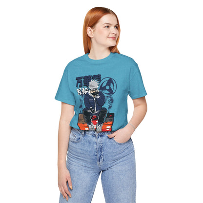 Anime Sneakerhead Tee — Sitting Character on Shoe Boxes with Japanese Text