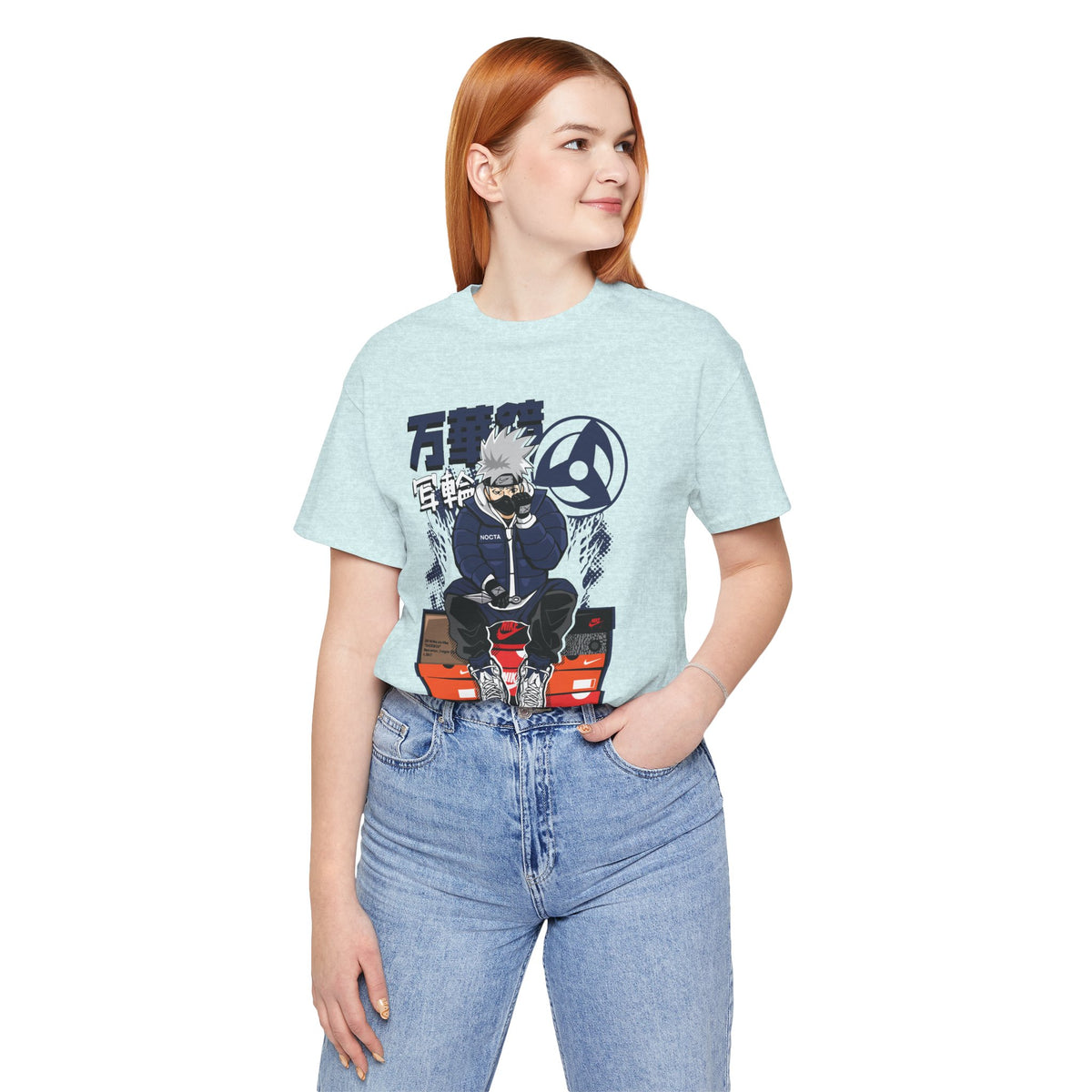 Anime Sneakerhead Tee — Sitting Character on Shoe Boxes with Japanese Text
