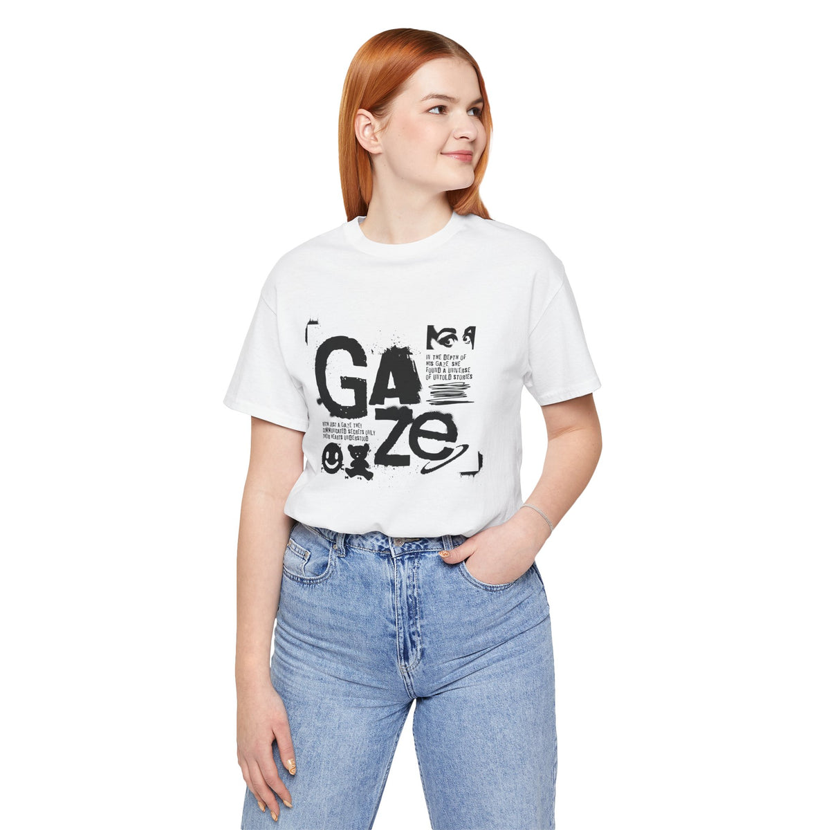 Gaze Typography Graphic Tee — Abstract Monochrome Text Art T-Shirt