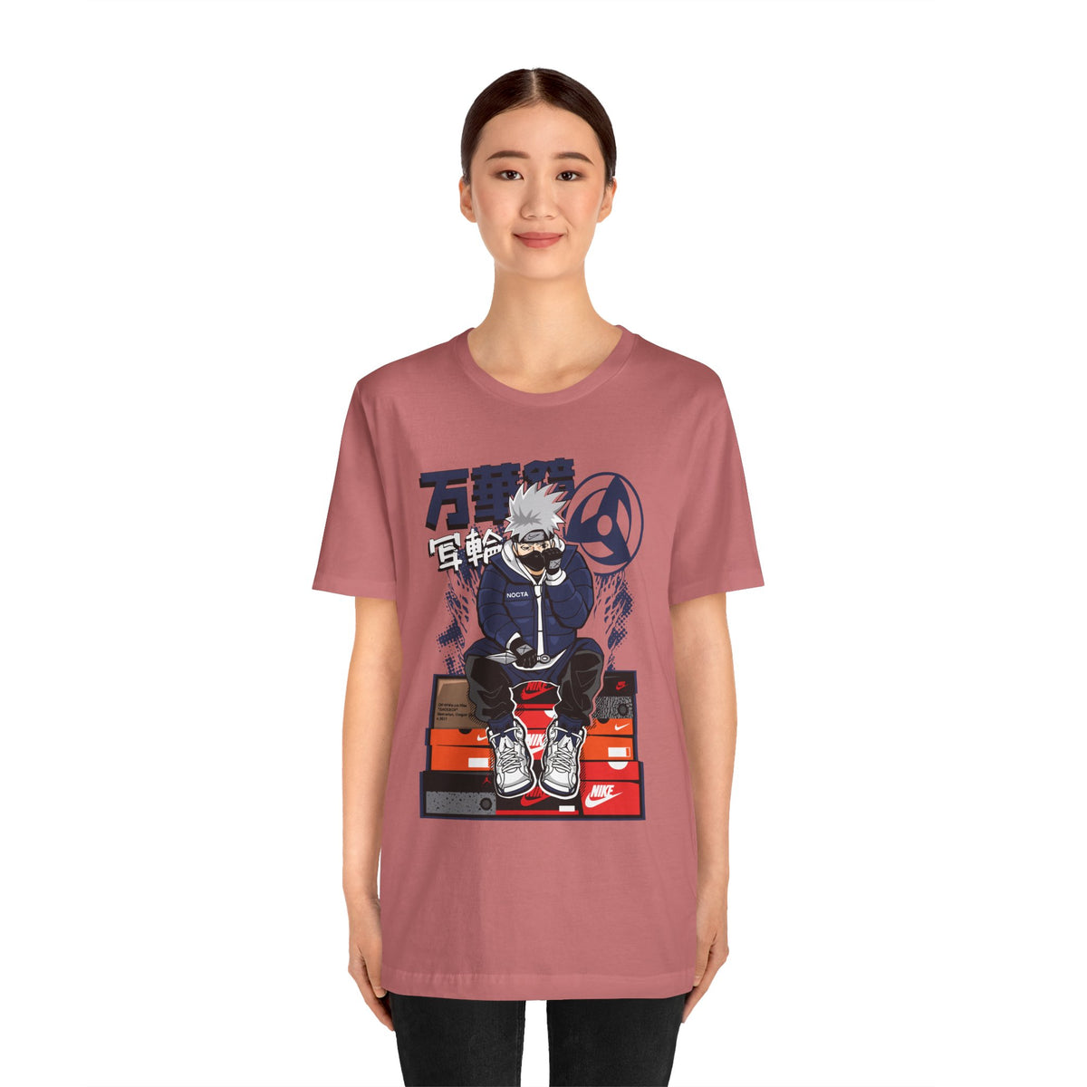 Anime Sneakerhead Tee — Sitting Character on Shoe Boxes with Japanese Text