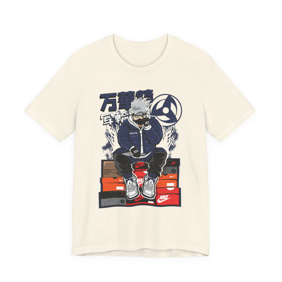 Anime Sneakerhead Tee — Sitting Character on Shoe Boxes with Japanese Text