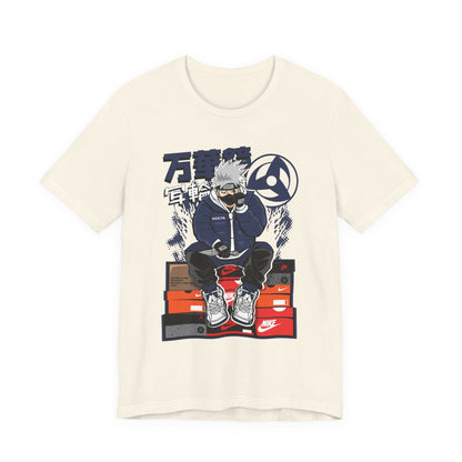 Anime Sneakerhead Tee — Sitting Character on Shoe Boxes with Japanese Text