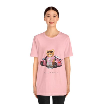 Girl Power Bear Tee — Cute Pink Car Teddy Graphic T-Shirt