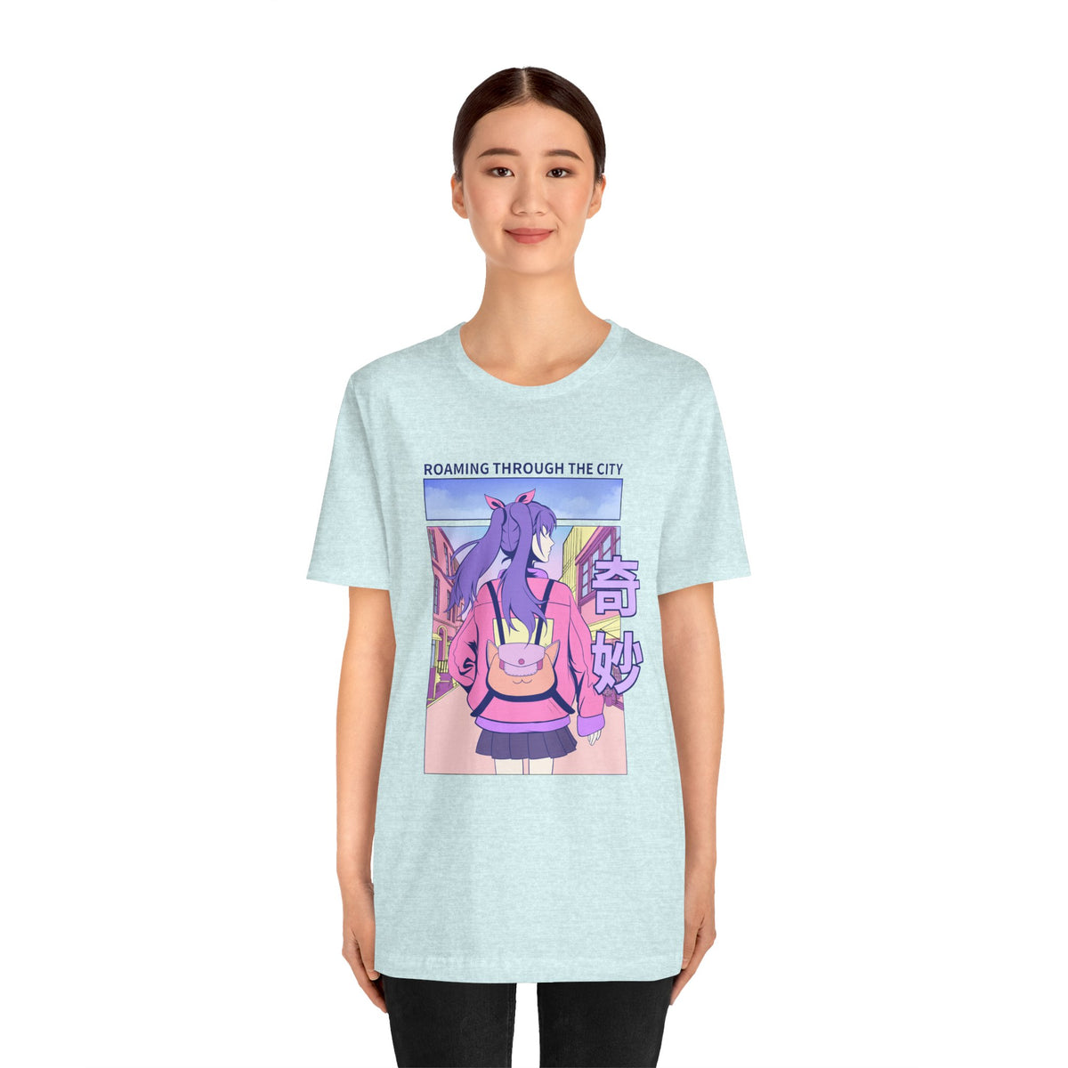 Roaming Through The City Anime Girl Tee — Vaporwave Cityscape Shirt