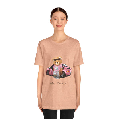 Girl Power Bear Tee — Cute Pink Car Teddy Graphic T-Shirt