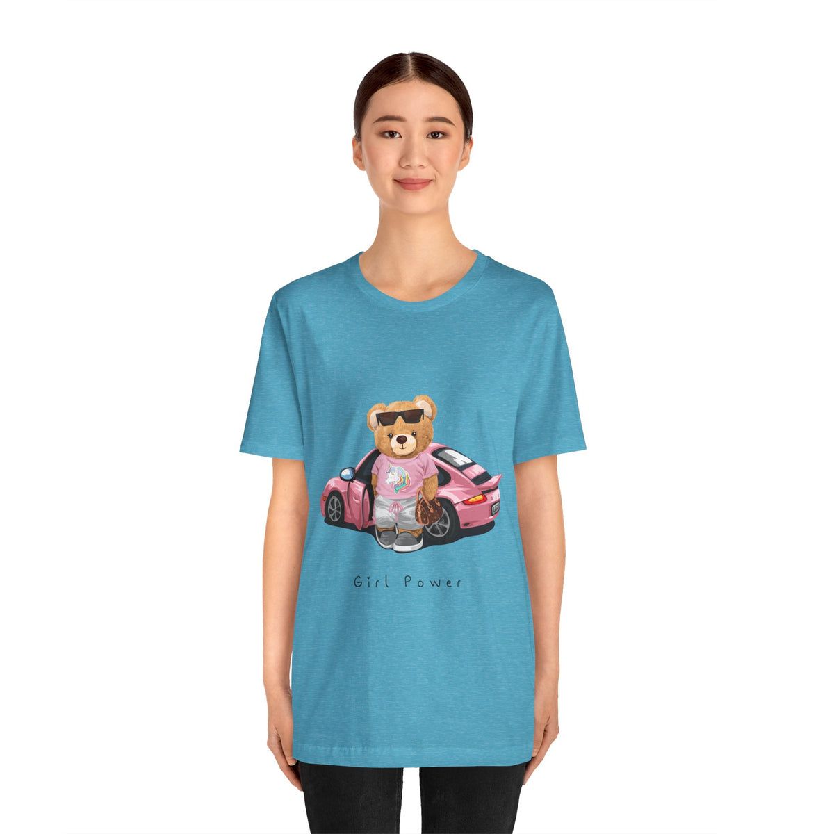 Girl Power Bear Tee — Cute Pink Car Teddy Graphic T-Shirt