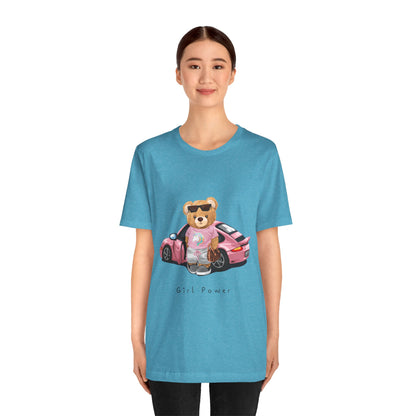 Girl Power Bear Tee — Cute Pink Car Teddy Graphic T-Shirt