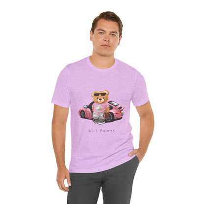 Girl Power Bear Tee — Cute Pink Car Teddy Graphic T-Shirt