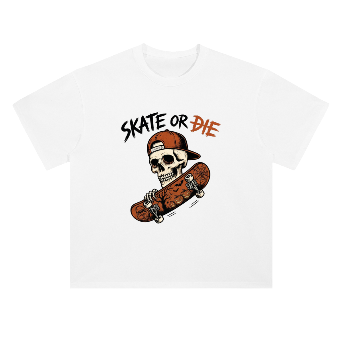 Skate or Die Skeleton Skateboarding Graphic Drop Shoulder Tee