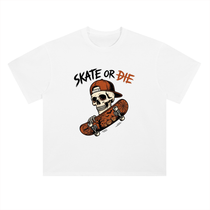 Skate or Die Skeleton Skateboarding Graphic Drop Shoulder Tee