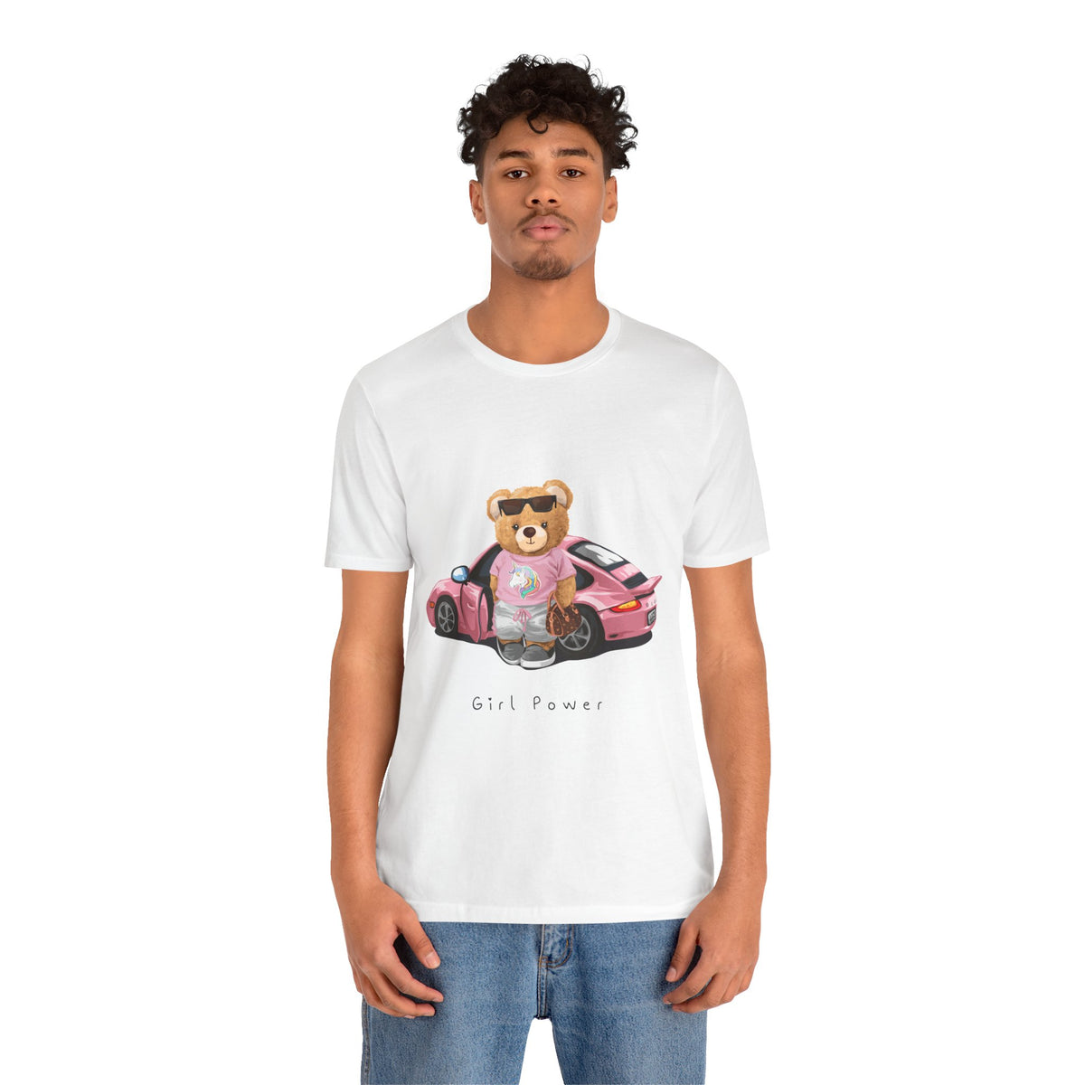 Girl Power Bear Tee — Cute Pink Car Teddy Graphic T-Shirt