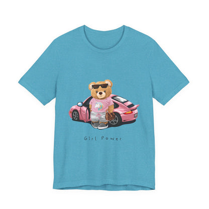 Girl Power Bear Tee — Cute Pink Car Teddy Graphic T-Shirt