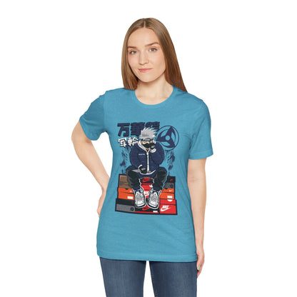 Anime Sneakerhead Tee — Sitting Character on Shoe Boxes with Japanese Text
