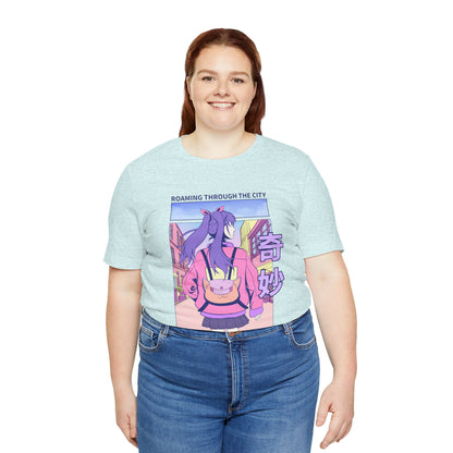 Roaming Through The City Anime Girl Tee — Vaporwave Cityscape Shirt
