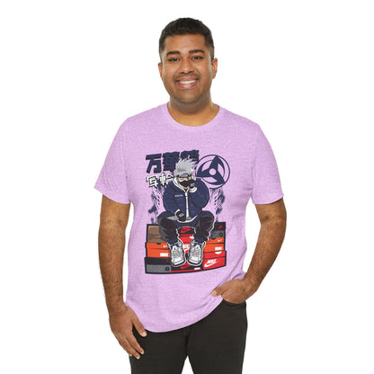 Anime Sneakerhead Tee — Sitting Character on Shoe Boxes with Japanese Text