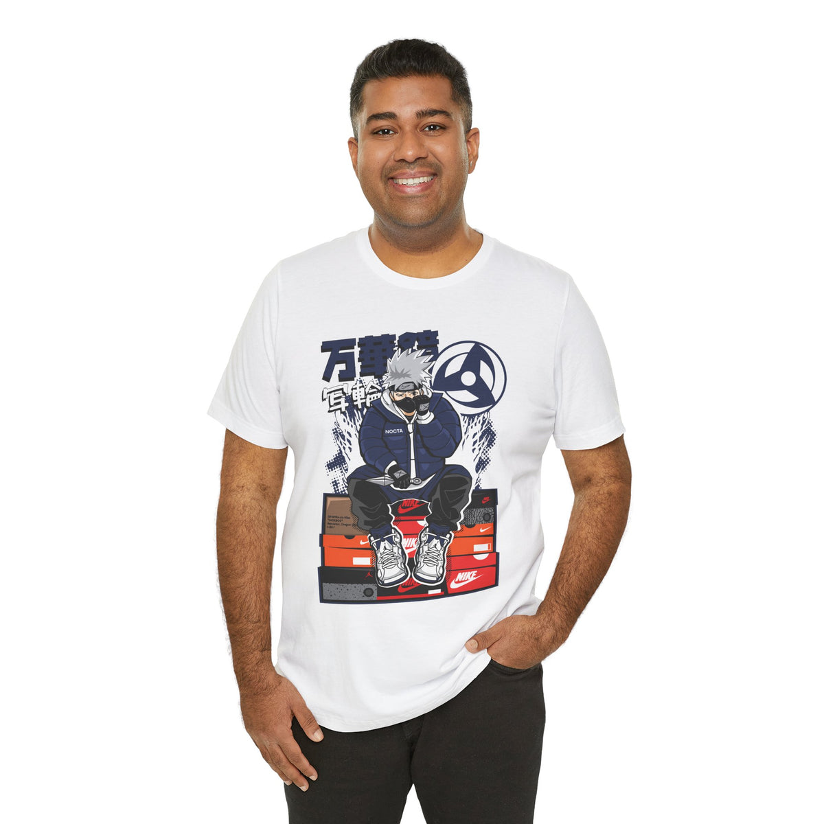 Anime Sneakerhead Tee — Sitting Character on Shoe Boxes with Japanese Text