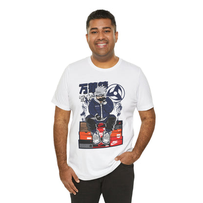 Anime Sneakerhead Tee — Sitting Character on Shoe Boxes with Japanese Text