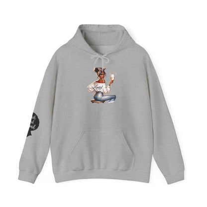 Cozy Chick Hoodie — Fashionable Woman Relaxing with Coffee Graphic Hooded Sweatshirt