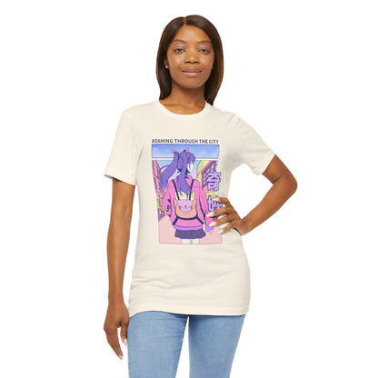 Roaming Through The City Anime Girl Tee — Vaporwave Cityscape Shirt