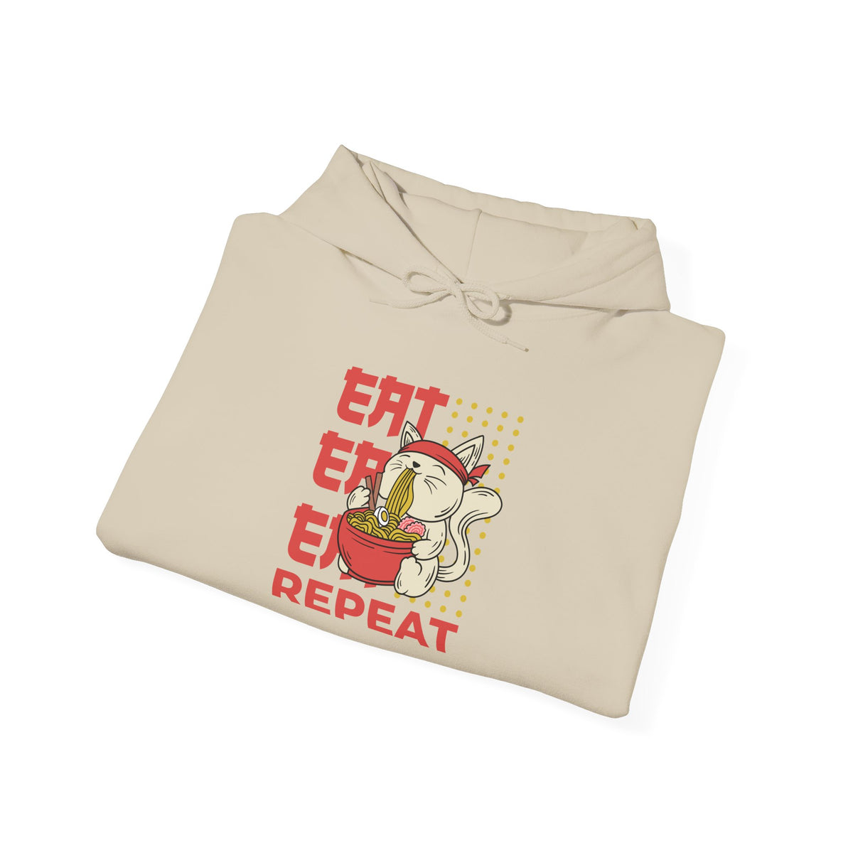 Eat Eat Eat Repeat Hoodie — Cute Cat Eating Ramen Graphic Sweatshirt