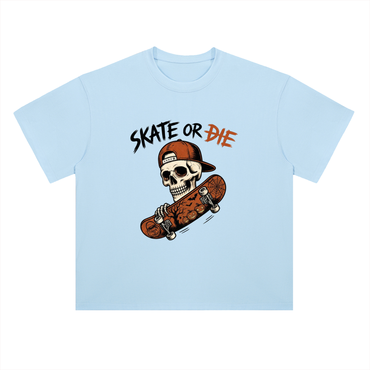 Skate or Die Skeleton Skateboarding Graphic Drop Shoulder Tee