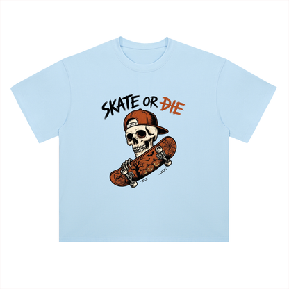 Skate or Die Skeleton Skateboarding Graphic Drop Shoulder Tee