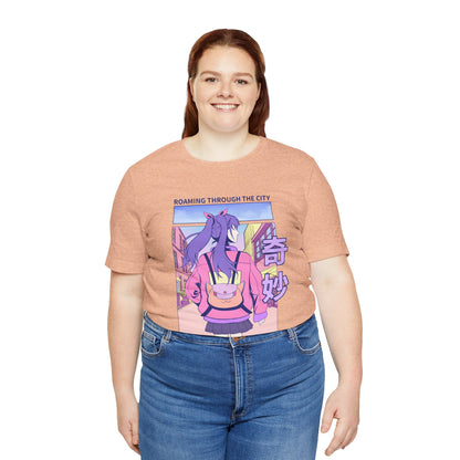Roaming Through The City Anime Girl Tee — Vaporwave Cityscape Shirt