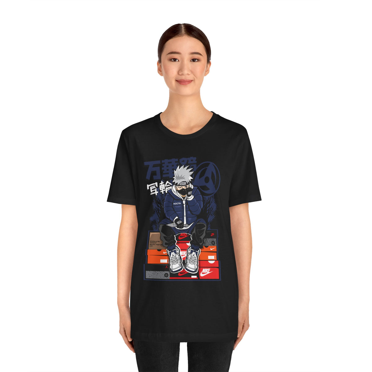 Anime Sneakerhead Tee — Sitting Character on Shoe Boxes with Japanese Text