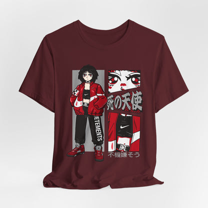 Anime Streetwear Tee — Red-Jacket Angel Graphic