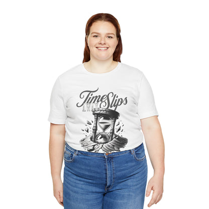 Time Slips Hourglass T‑Shirt — Vintage Black & White Graphic Tee