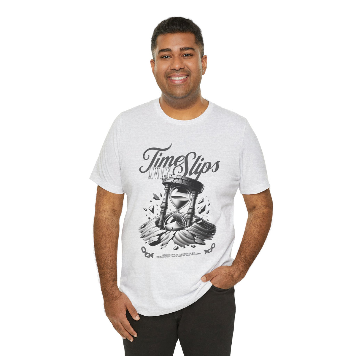 Time Slips Hourglass T‑Shirt — Vintage Black & White Graphic Tee