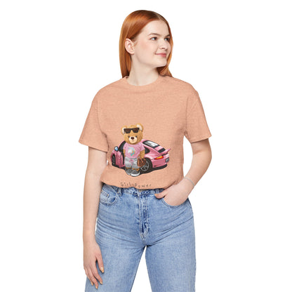 Girl Power Bear Tee — Cute Pink Car Teddy Graphic T-Shirt