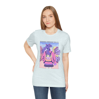 Roaming Through The City Anime Girl Tee — Vaporwave Cityscape Shirt