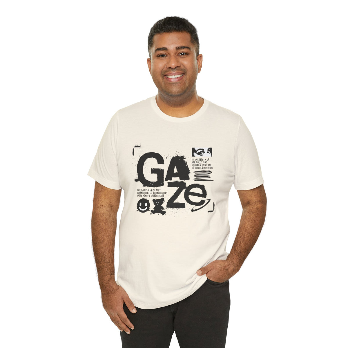 Gaze Typography Graphic Tee — Abstract Monochrome Text Art T-Shirt
