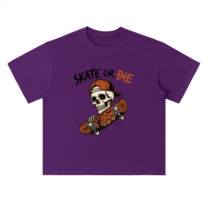 Skate or Die Skeleton Skateboarding Graphic Drop Shoulder Tee