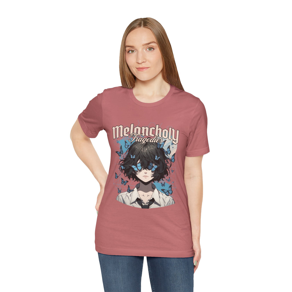 Melancholy Tragedia Anime Tee — Blue Butterflies Graphic T-Shirt
