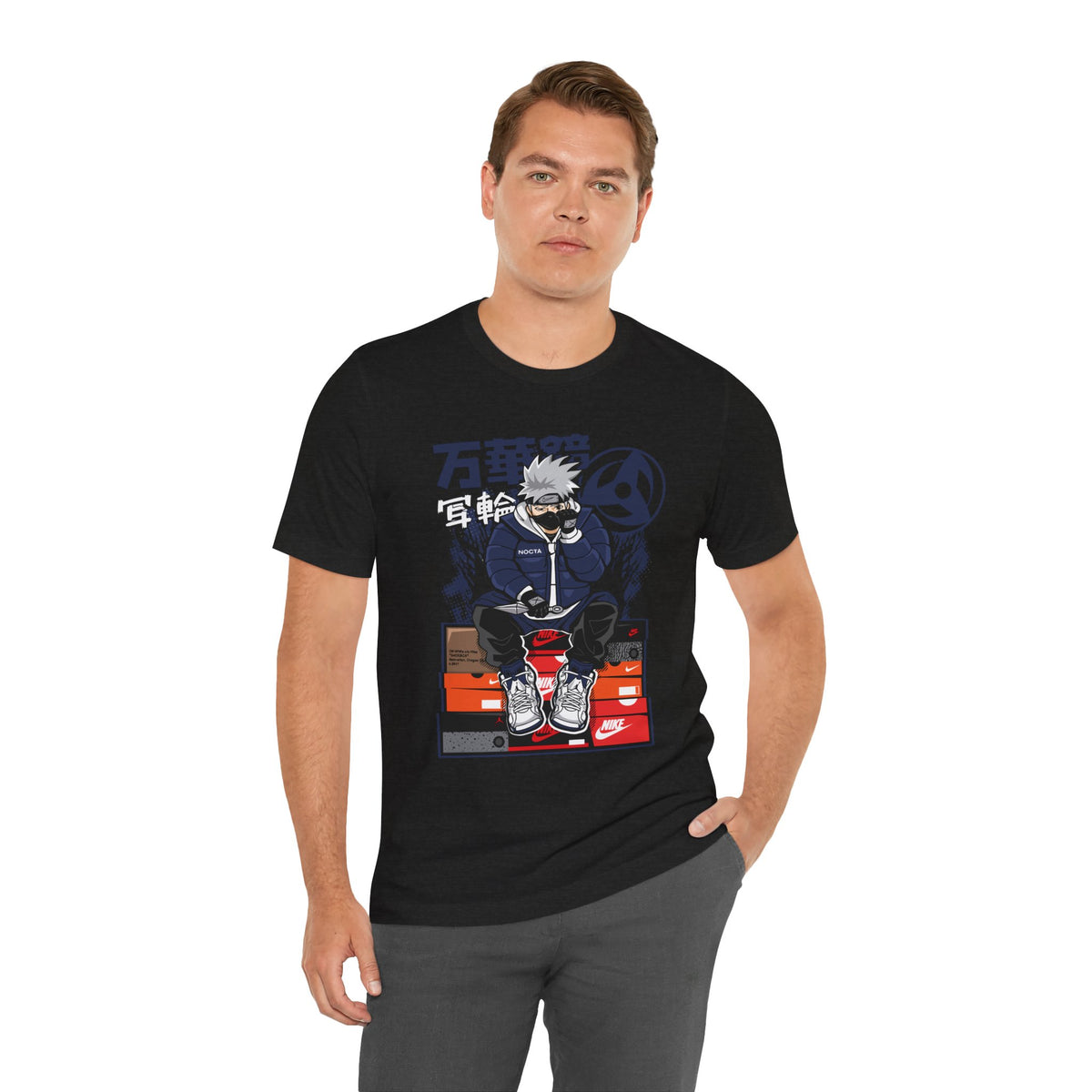 Anime Sneakerhead Tee — Sitting Character on Shoe Boxes with Japanese Text