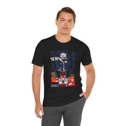 Anime Sneakerhead Tee — Sitting Character on Shoe Boxes with Japanese Text