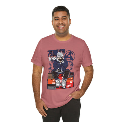 Anime Sneakerhead Tee — Sitting Character on Shoe Boxes with Japanese Text