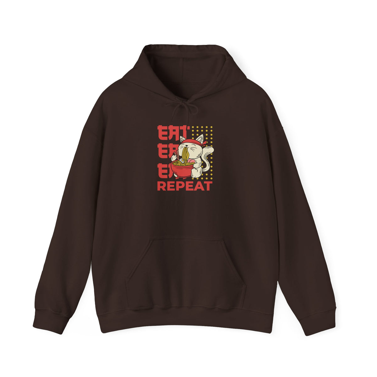 Eat Eat Eat Repeat Hoodie — Cute Cat Eating Ramen Graphic Sweatshirt