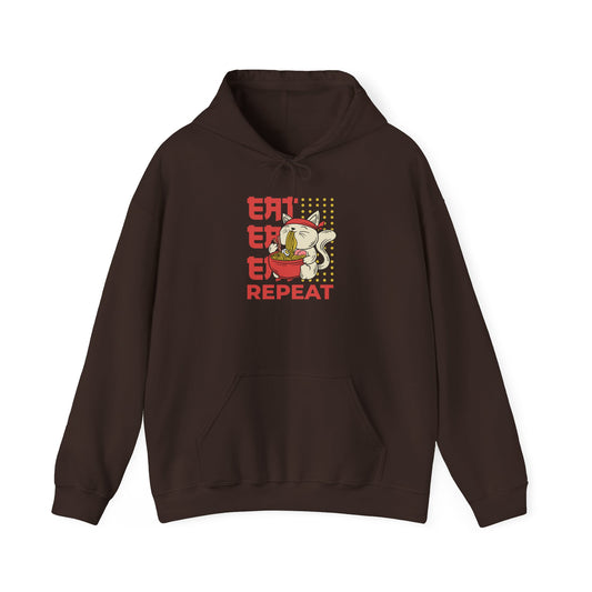 Eat Eat Eat Repeat Hoodie — Cute Cat Eating Ramen Graphic Sweatshirt
