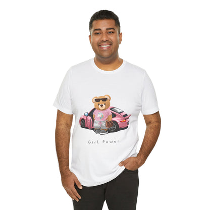 Girl Power Bear Tee — Cute Pink Car Teddy Graphic T-Shirt