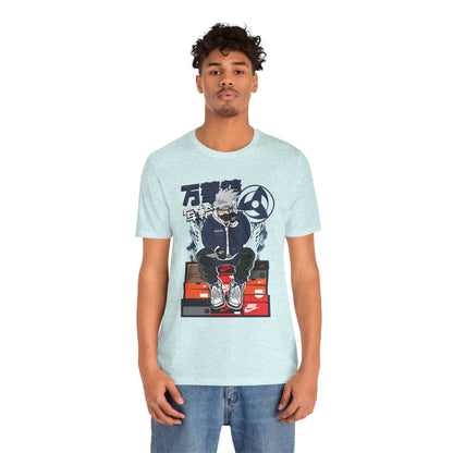 Anime Sneakerhead Tee — Sitting Character on Shoe Boxes with Japanese Text