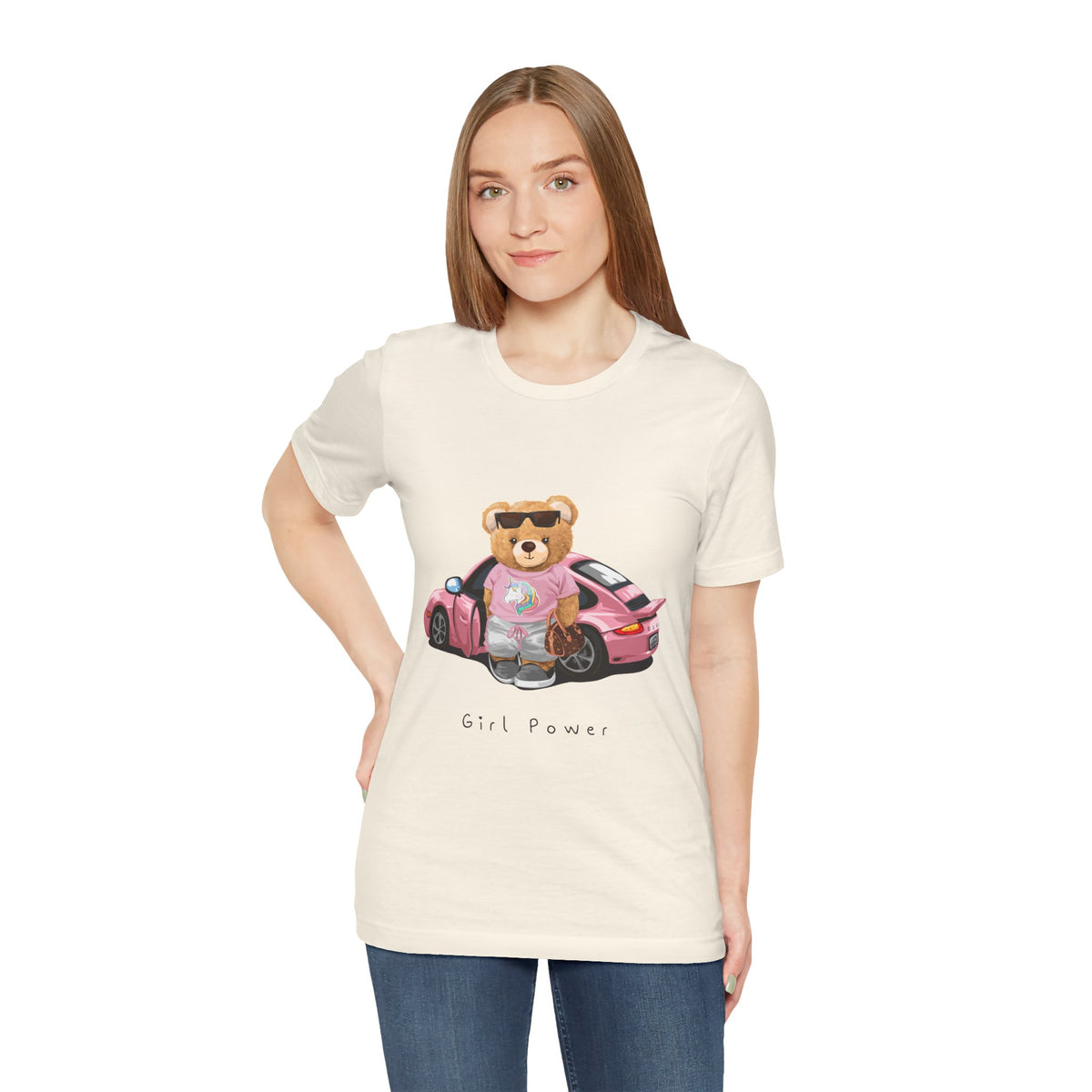 Girl Power Bear Tee — Cute Pink Car Teddy Graphic T-Shirt