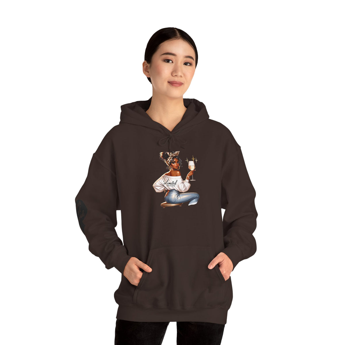 Cozy Chick Hoodie — Fashionable Woman Relaxing with Coffee Graphic Hooded Sweatshirt