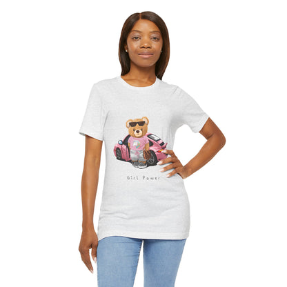 Girl Power Bear Tee — Cute Pink Car Teddy Graphic T-Shirt