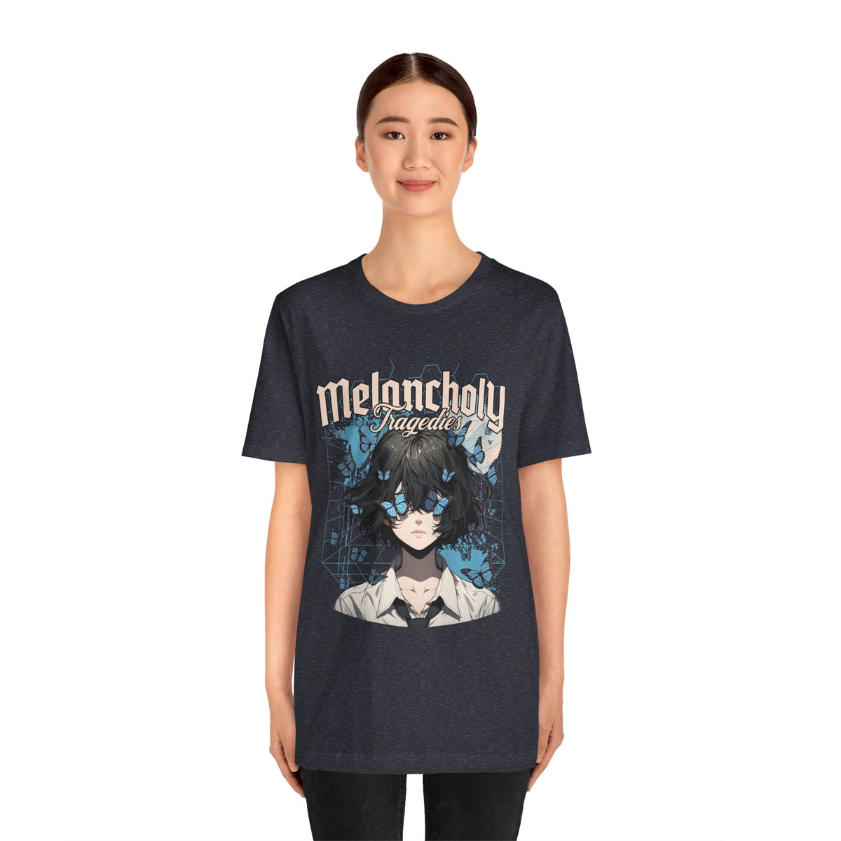 Melancholy Tragedia Anime Tee — Blue Butterflies Graphic T-Shirt