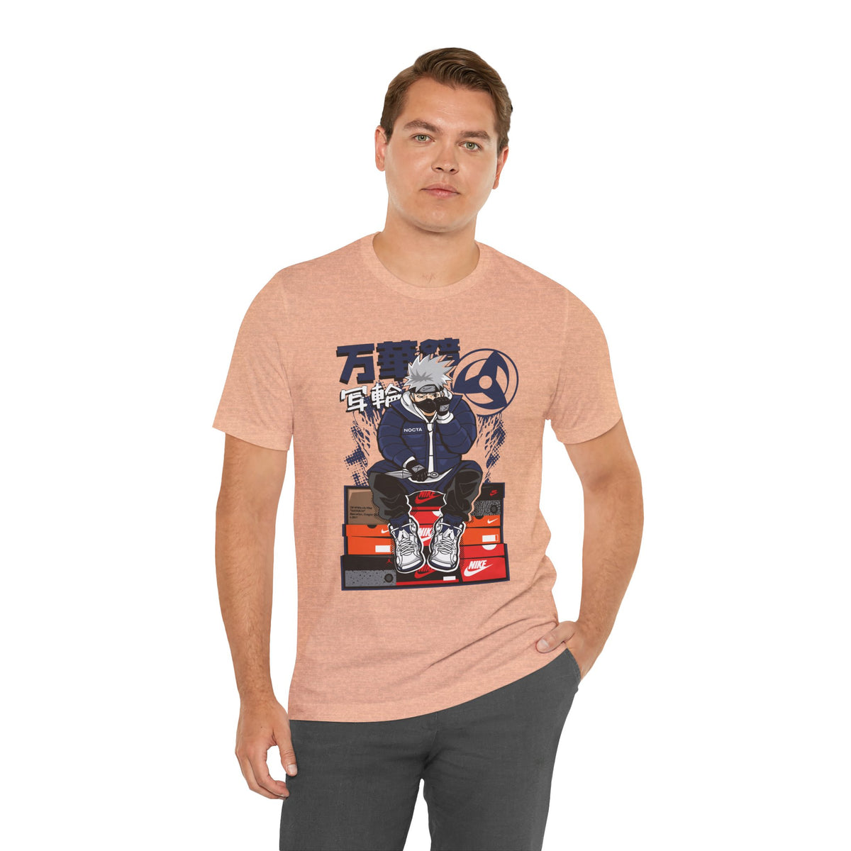 Anime Sneakerhead Tee — Sitting Character on Shoe Boxes with Japanese Text