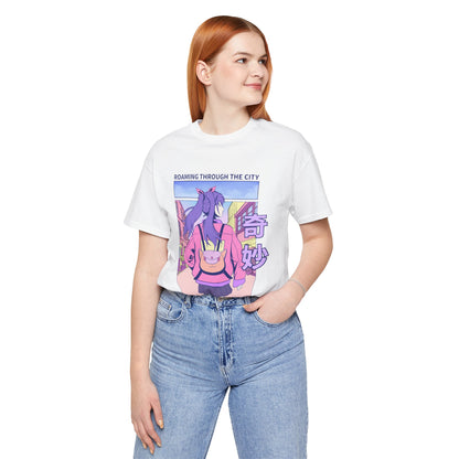 Roaming Through The City Anime Girl Tee — Vaporwave Cityscape Shirt